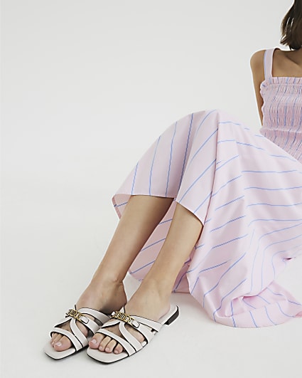 Cream Strappy Flat Mule Sandals