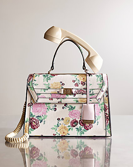 Cream Faux Leather Floral Charm Bundle Bag