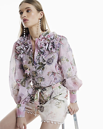 Pink 3D Floral Trimmed Sleeve Blouse