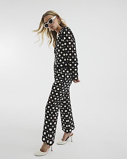 Petite Black Crochet Flared Trousers