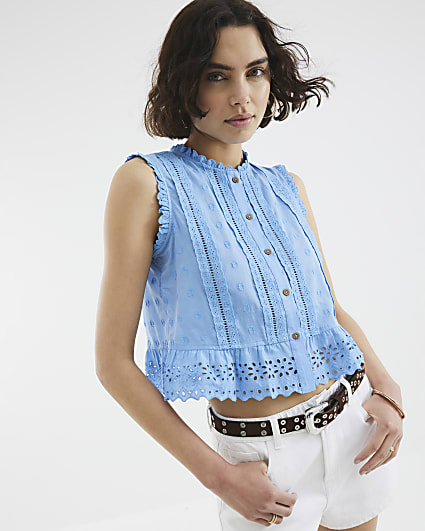 Blue Broderie Trim Blouse