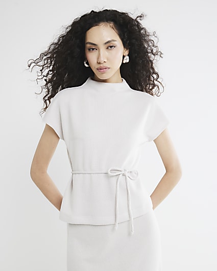 Cream Short Sleeve High Neck Tie Top