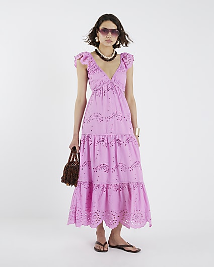 Pink Broderie Midi Dress