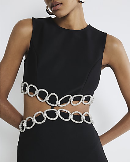 Black Diamante Chain Trim Mini Dress