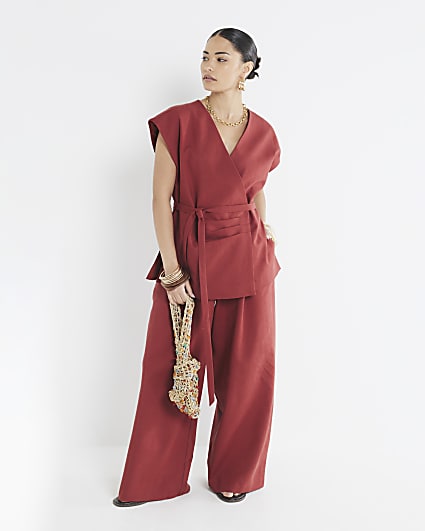 Petite Red Wide Leg Linen Blend Trousers