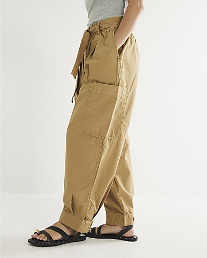Petite Beige Belted Barrel Trousers