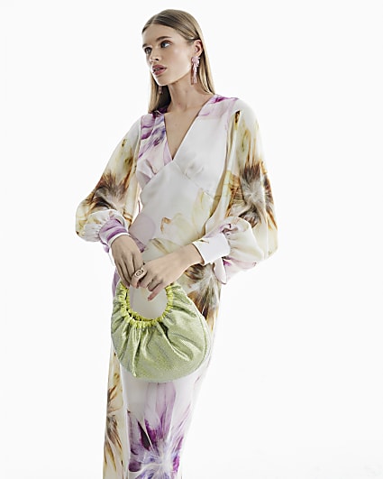 Cream Floral Long Sleeve V-Neck Midi Dress