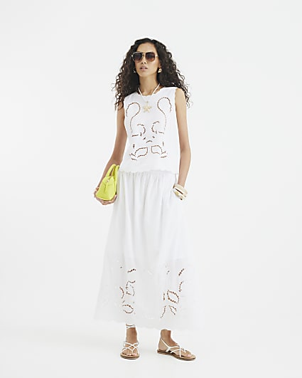 White Broderie Cutwork Maxi Skirt