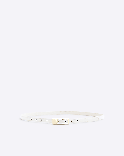 White Rectangular Buckle Skinny Belt