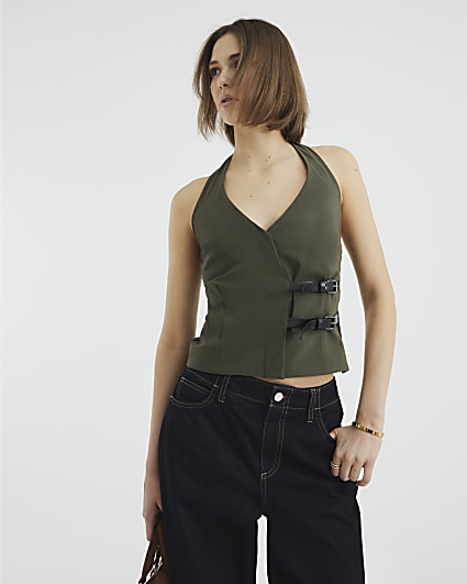 Khaki Halter Neck Sleeveless Buckle Top