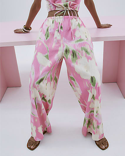 Pink Floral Linen Blend Wide Leg Trousers