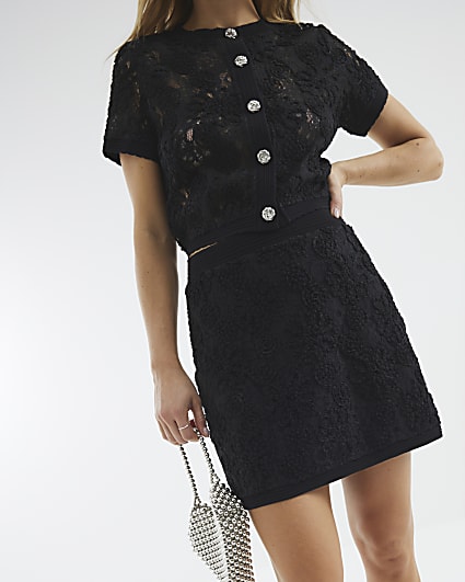 Black Floral Embroidered Mini Skirt