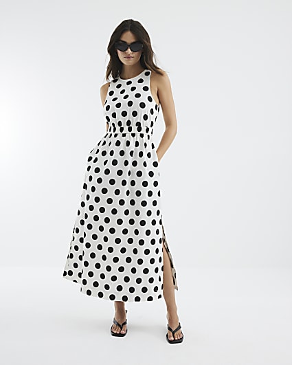 White Polka Dot Cut Out Poplin Midi Dress