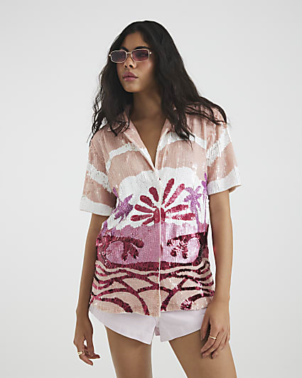 Pink Premium Palm Tree Embellished Shirt