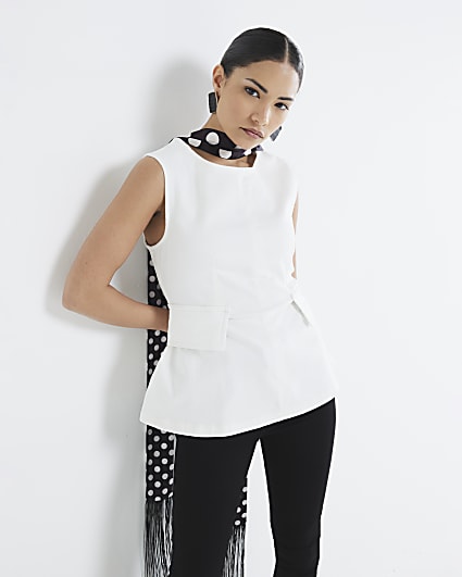 Petite White Peplum Crew Neck Top