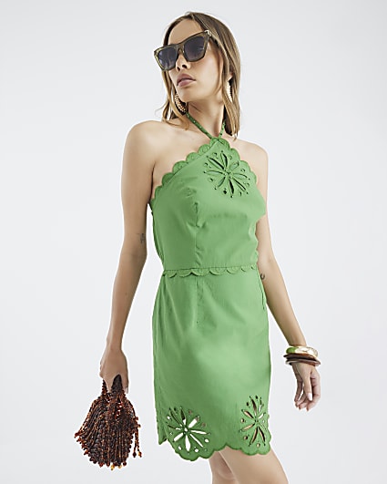 Green Halter Neck Cutwork Mini Cami Dress