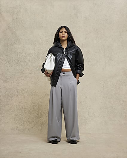 Grey Extended Tab Wide Leg Trousers
