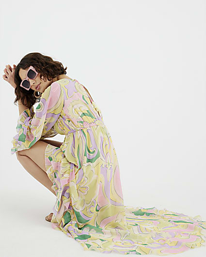 Yellow Floral Swirl Plunge Beach Maxi Dress