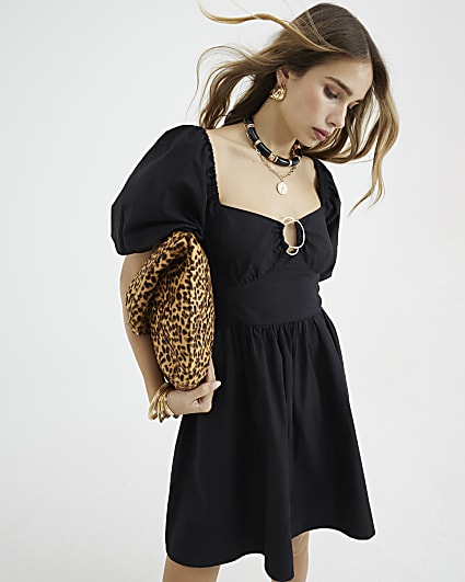 Black Short Sleeve Gold Detail Mini Dress