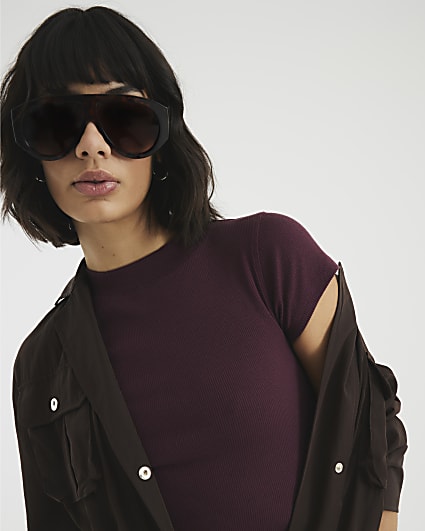 Purple Cap Sleeve High Neck Ribbed Top