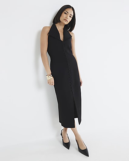 Petite Black Halter Neck Waistcoat Midi Dress