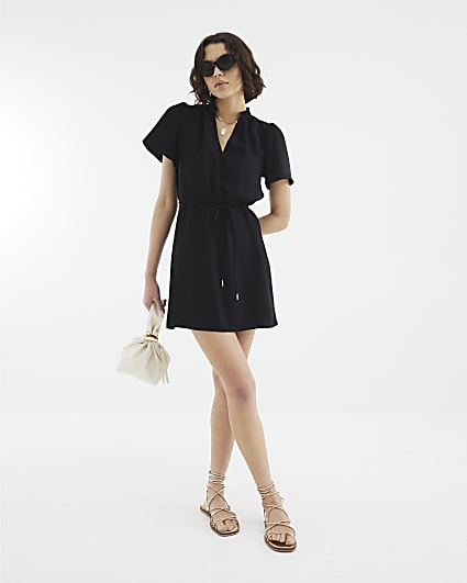 Black Short Sleeve Belted Mini Dress
