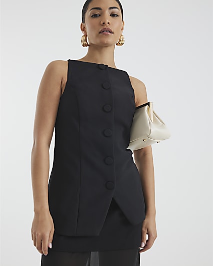 Petite Black Square Neck Strappy Waistcoat