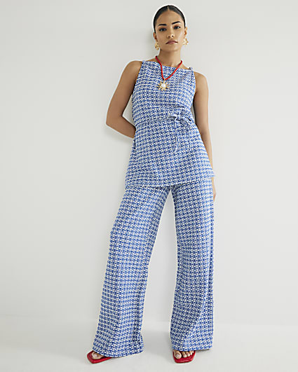 Petite Blue Geometric Print Wide Leg Trousers