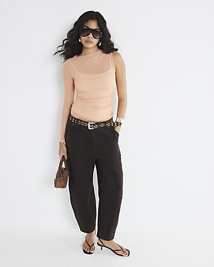 Orange Mesh Asymmetric Ruched Top