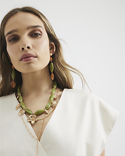 Green Stone Charm Layered Necklace