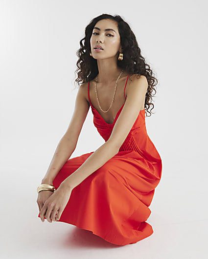 Red Strappy Pintuck Waist Midi Dress