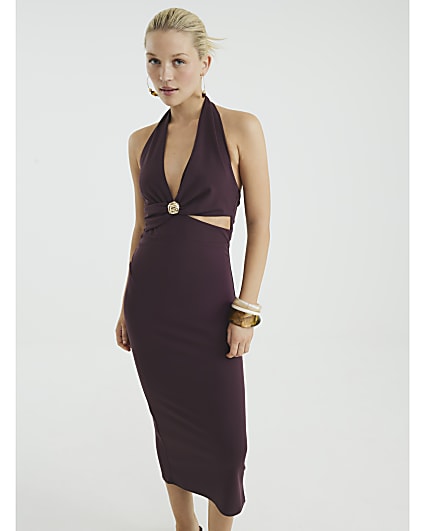 Purple Halter Neck Cut Out Midi Dress