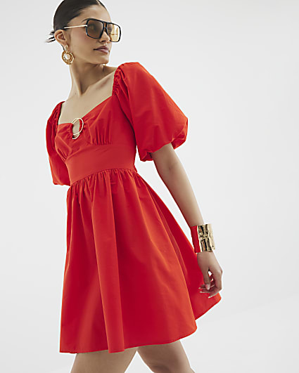 Red Short Sleeve Poplin Mini Dress