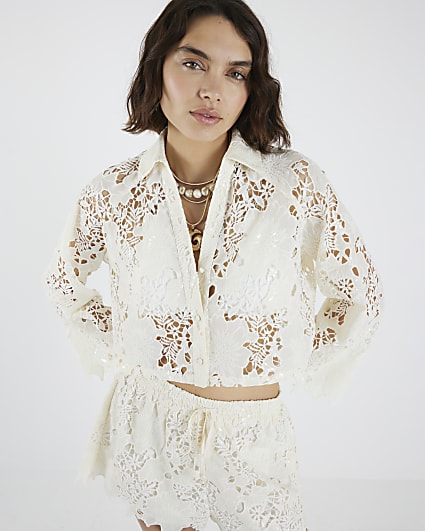 Cream Cutwork Sequin Shirt