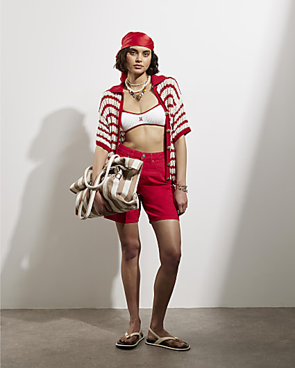 Red Stripe Crochet Polo Top