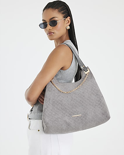 Grey Embossed Chain Front Shoulder Bag