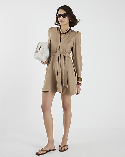 Beige Tie Front Mini Shirt Dress