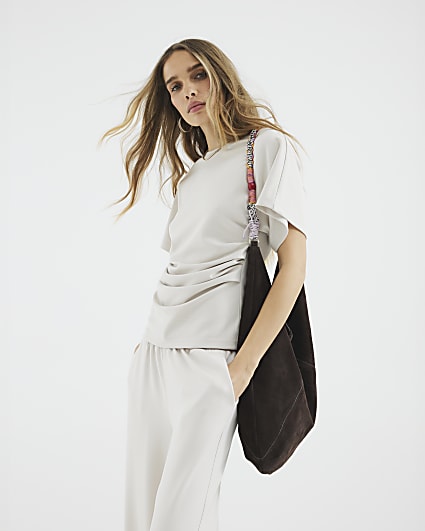 Cream Premium Short Sleeve Ruched T-shirt