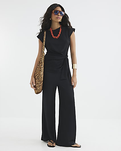 Black Drawstring Textured Trousers