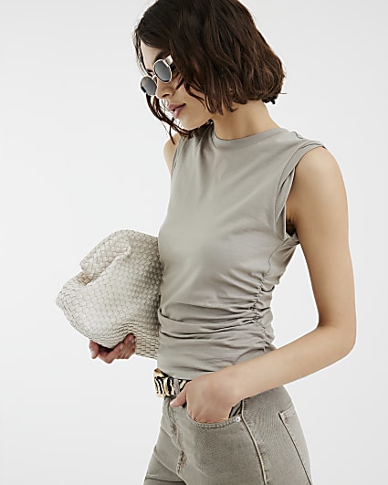 Grey Sleeveless Ruched Side Top
