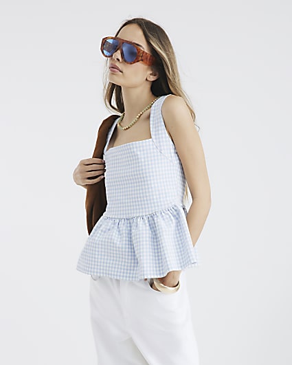 Blue Gingham Peplum Top