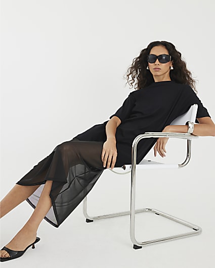 Black Mesh Hybrid T-shirt Midi Dress